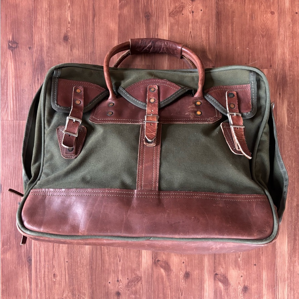 Men's Green and Brown Orvis Leather Canvas Bag